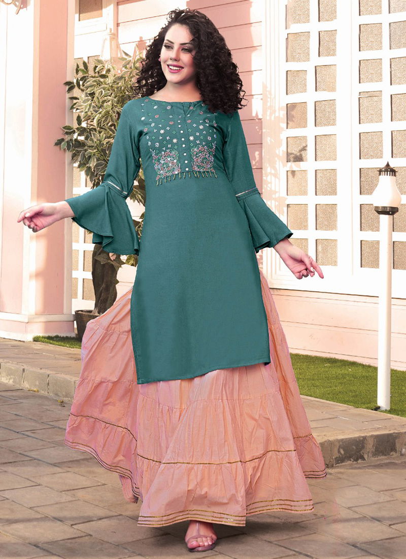 F.Label Vol 5 Designer Rayon Embroidery Work Kurti With Fancy Bottom Collection 5001-5012 